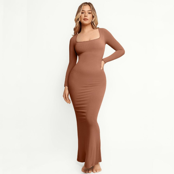 Popilush Dresses & Skirts - Popilush Shapewear Square Neck Long Sleeve Slimming Modal Maxi Dress brown XL NW